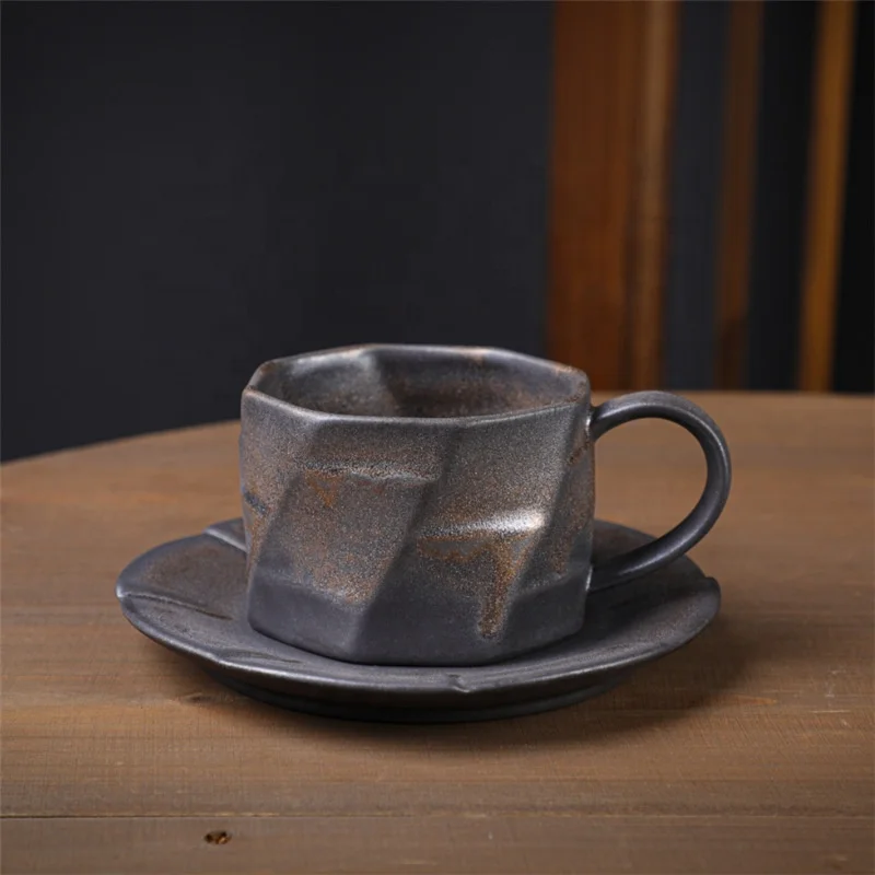220ml Vintage Coffee Cup Saucer Set Handmade Cappuccino Mug Stoneware Artistic Tea Cup With Tray