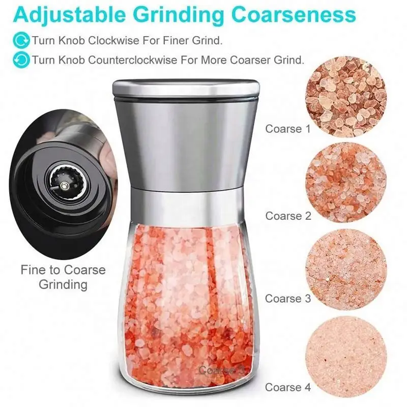 R&D Supported Salt And Pepper Grinder Bottles Stainless Steel Short Glass Shakers With Adjustable Coarseness