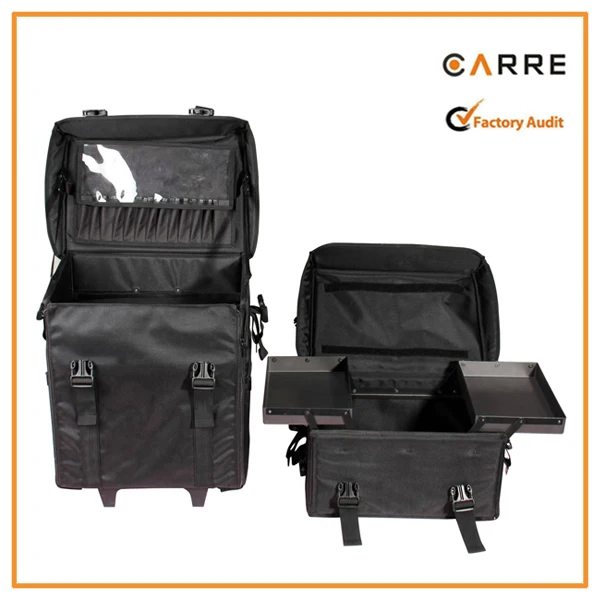 2 in 1 Professional Makeup artist soft Black nylon Fabric Wheeled Rolling soft trolley cosmetic case Set with Drawers