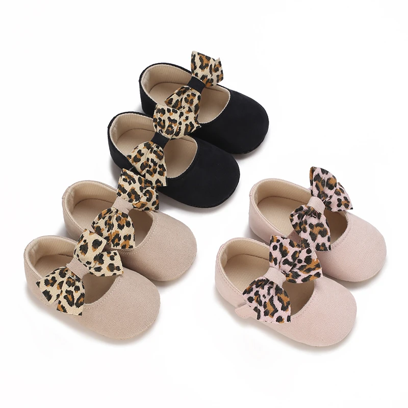 Autumn new fashion white and trendy solid color design leopard print bow girls 0-1 years old flat shoes