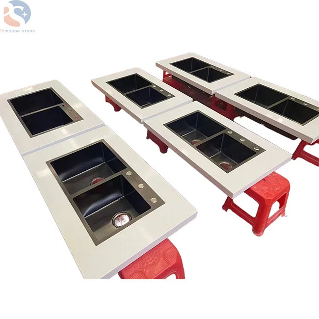 Pure White Epoxy Resin White Quartz Stone Encimera de Cocina Kitchen Countertops with Built In Sink