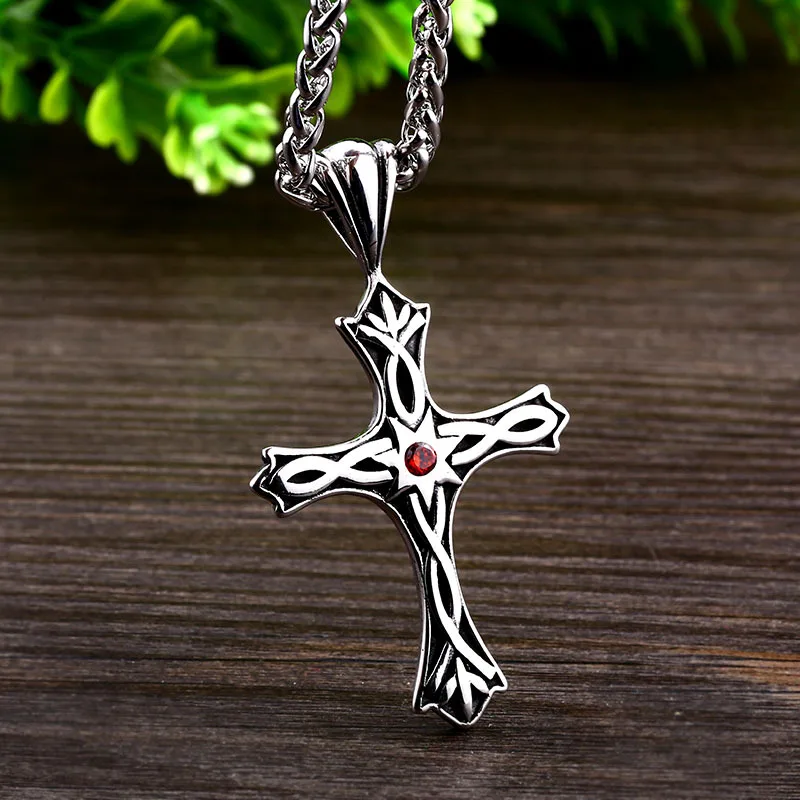 Stainless Steel Cross Inlaid Red Gemstone Pendant Vintage Viking Pattern Celtic Knot Men Necklace