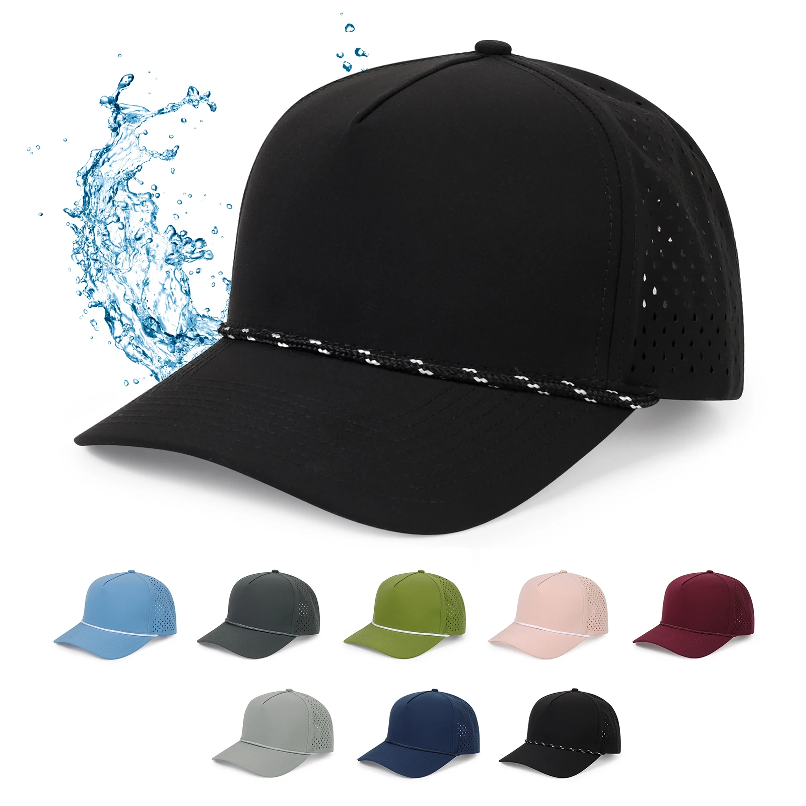 Factory New Design Customized Baseball Cap Laser Perforated Rope Hat 5 Panel Waterproof Baseball Trucker Golf Hat With Rope