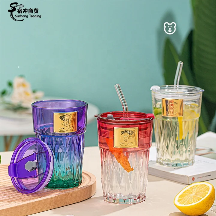 Little Bear Flower Clear Bamboo Glass Tea Coffee Cup Mugs With Lid And Straw