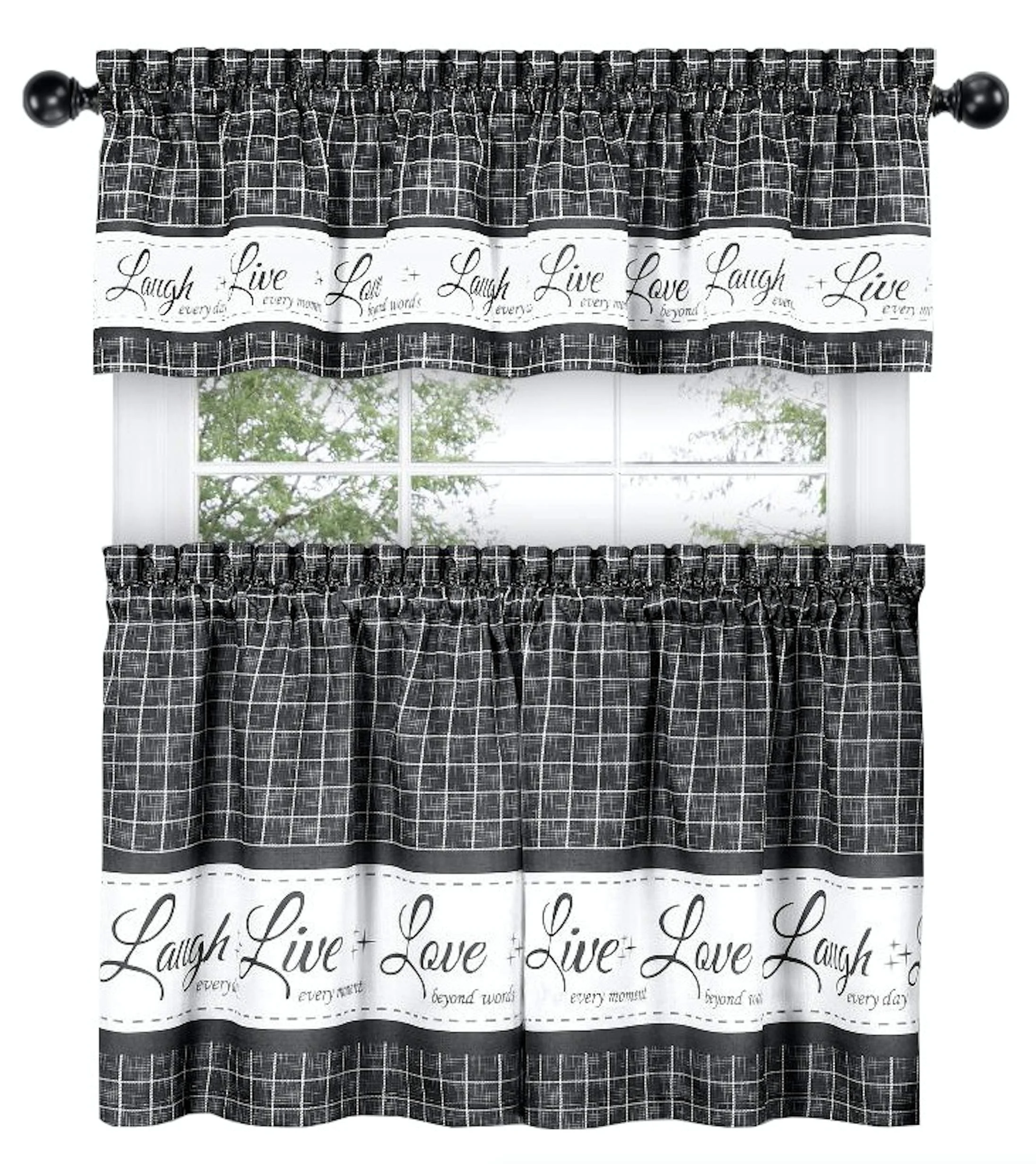 Bindi Country Gingham Check Live Laugh Love 3 Pc Cafe Plaid Grey Black Out Window Kitchen Curtain Set