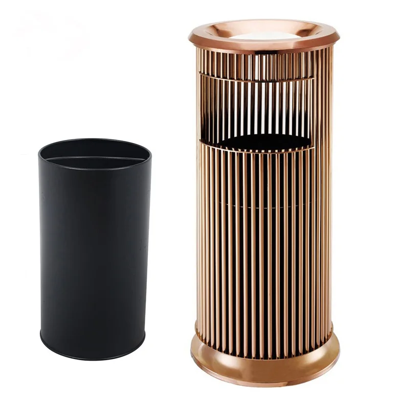Commercial Waste Basket Container Rose Gold Stainless Steel Round Hotel Lobby Trash Can For Elevator