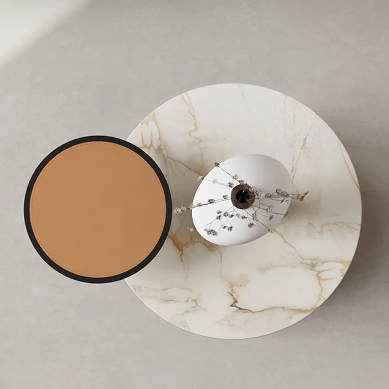 Modern minimalist living room furniture round stainless steel frame coffee table saddle leather hotel coffee table