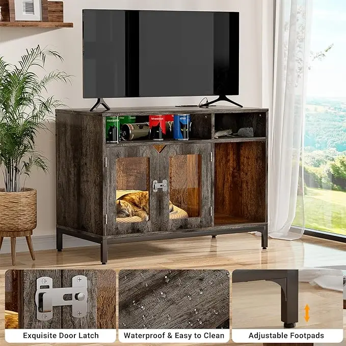 Grey Oak Cat Litter Box Enclosure: Homieasy Hidden Furniture with Charging Station, LED Light, and Decorative Pet House