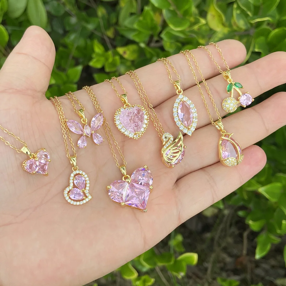 Hot sale gold plated  crystal flower pendant necklace stainless steel pink diamond pendant necklace for women