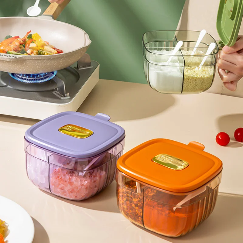 Plastic 2/4 Grids Square Condiment Seasoning Storage Box With Spoon Pepper Container Spice Multi Function