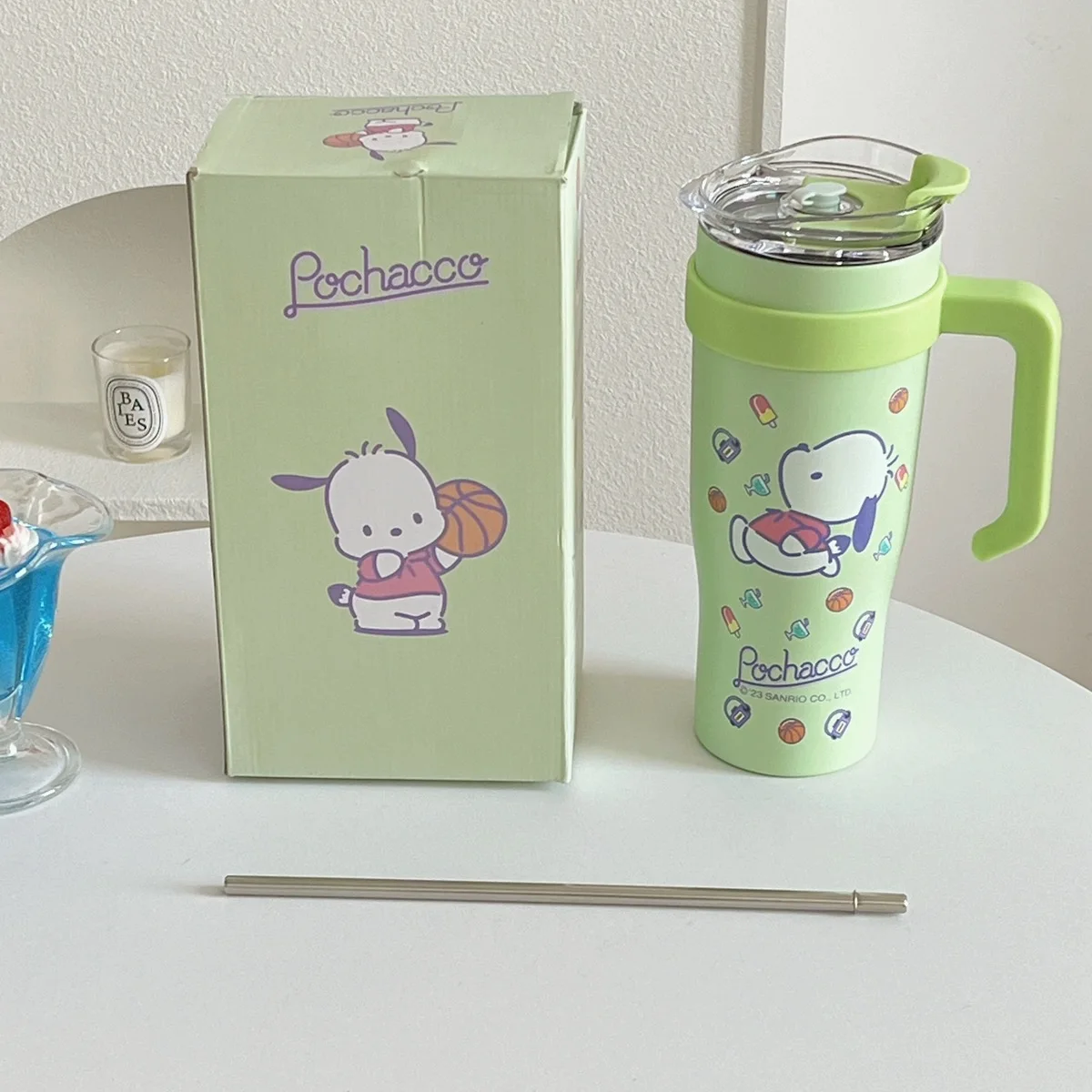 Hejin Hot Selling Sanrio 900ml Kawaii Anime Kuromi Melody Kitty cat Portable Ice and Hot Water Cup with Handle and Straw