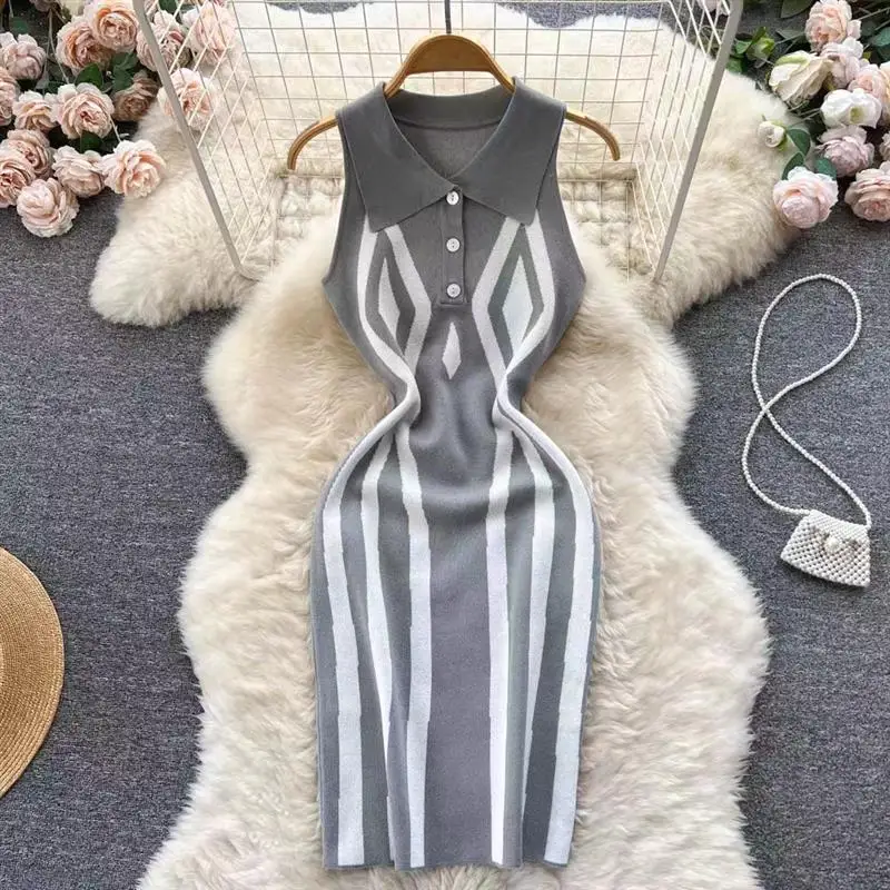 Women Sleeveless Elegance Bodycon Slim Lapel Collar Irregular Striped Knit Casual Playsuits Dress with Button