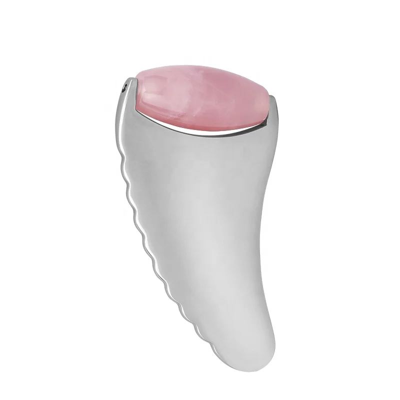 Wholesale New Stone Face Massager Rose Quartz Roller with Guasha Custom Logo Pink 2 in 1 Horn Shape Gua Sha Jade Roller