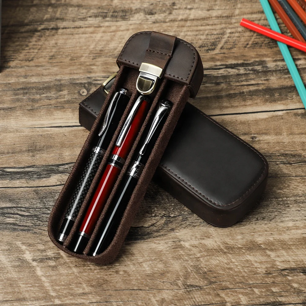 Portable Handmade Fountain Pen Storage Box 3 Slots Premium Leather Hard Pen Case with Removable Tray Holder CF9067