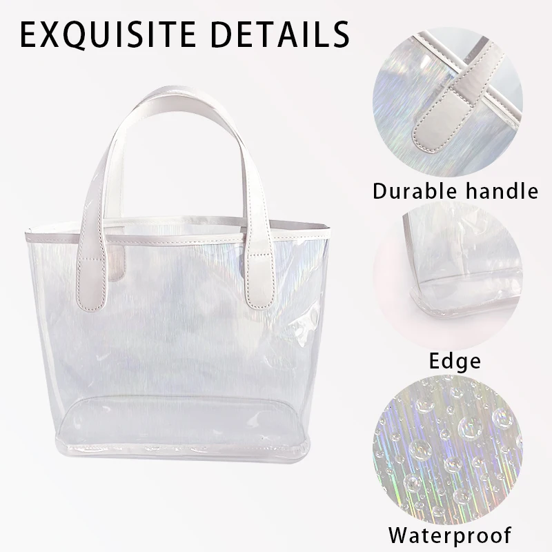 Supply wholesale price cheap pvc cosmetic bags Daisy printing shiny pvc gift tote custom paillette luxury clear shopping bag
