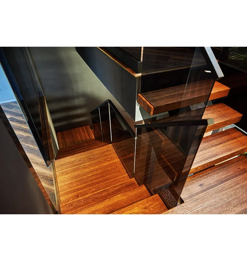 Elegant Double Slab Beam Staircase Single Acrylic Floating Glass Spiral Staircase Tread House Solid Wood LED Light Stair