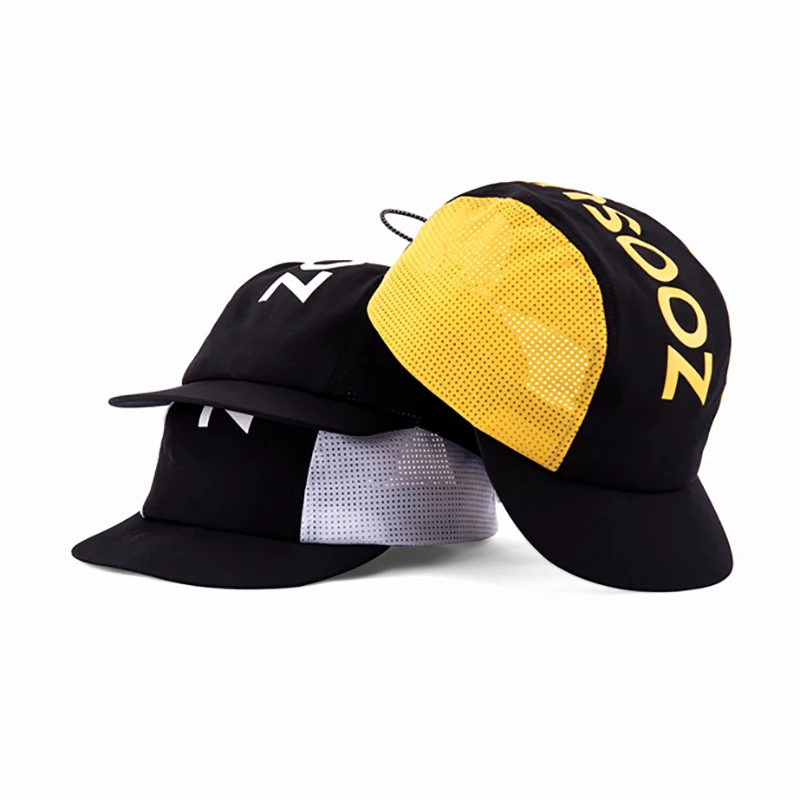 Wholesale custom short brim screen printing logo unconstructed running 5 panel laser cut hole perforated hat