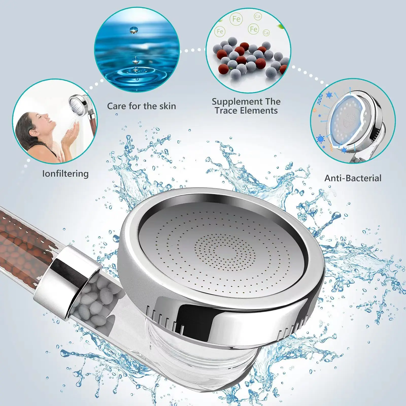 3 Settings High Pressure Water Saving Mineral Filter Shower head
