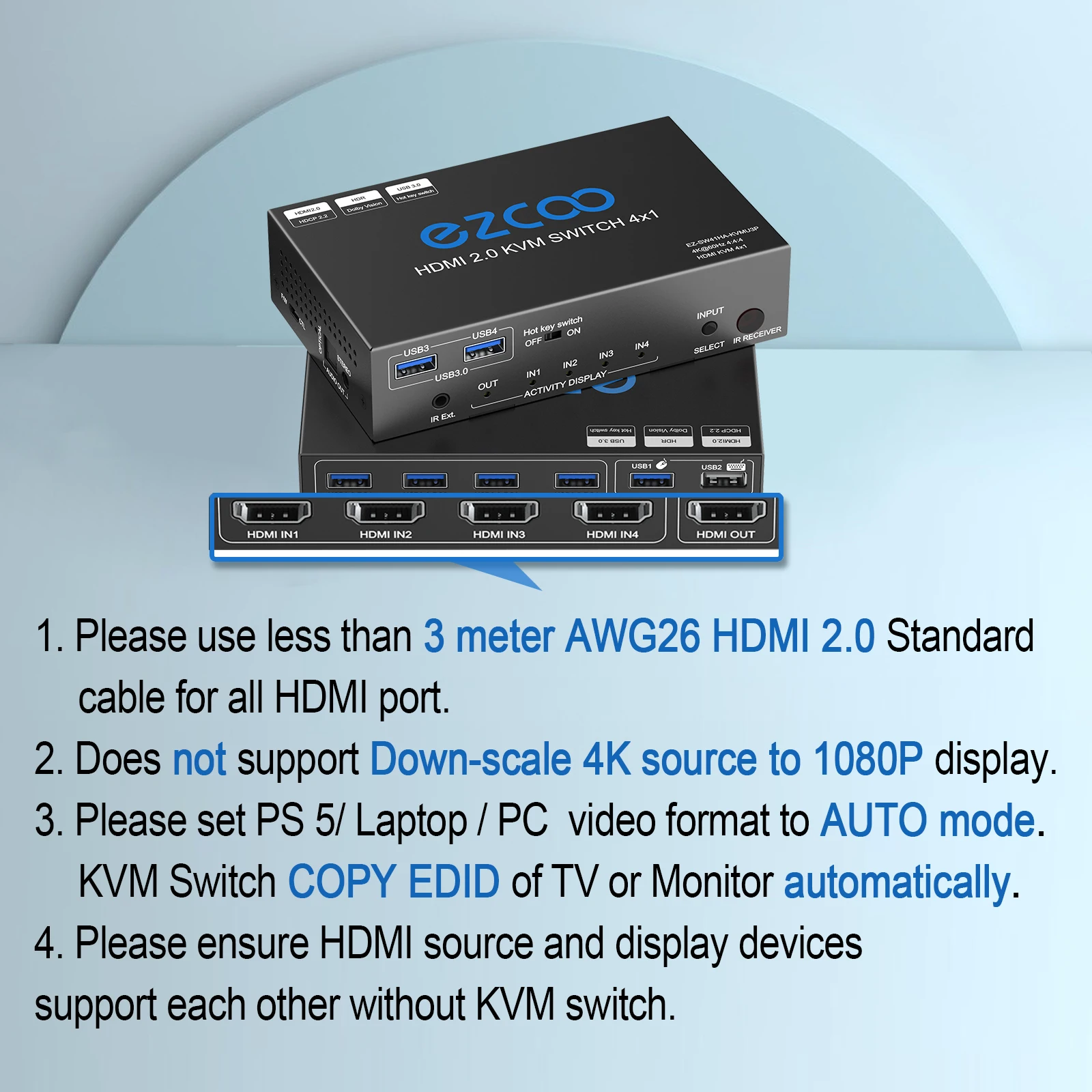 4x1 port hd-MI  kvm usb switch 4k HD-MI Switch USB3.0 4x1 port 1080p 120Hz IR Remote IR Ext Mic SPDIF L/R Extractor