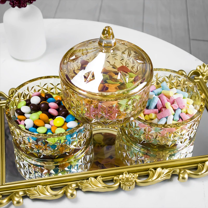 3 Tiers Factory Wholesale Customize Etched Vintage Crystal Glass Jar Candy with Lid