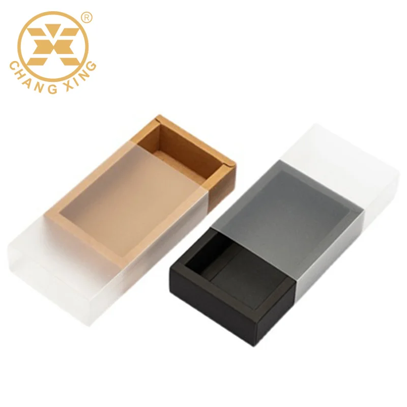 Kraft Gift Packaging Ornament Black Slide Drawer Craft Paper Boxes With Clear PVC Frosted Lid Brown Jewelry Drawer Box