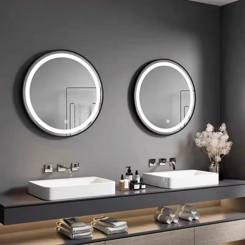 Wholesalers Smart Touch Antifog Defogger Shelf Round Mounted Salon Makeup Imported Bathroom Decor Wall Glass Framed Led Mirrors