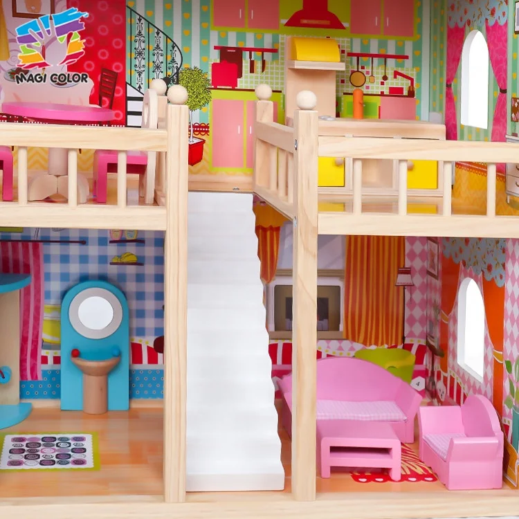 
Ready To Ship best design miniature pink girl wooden doll house for pretend play W06A163C 