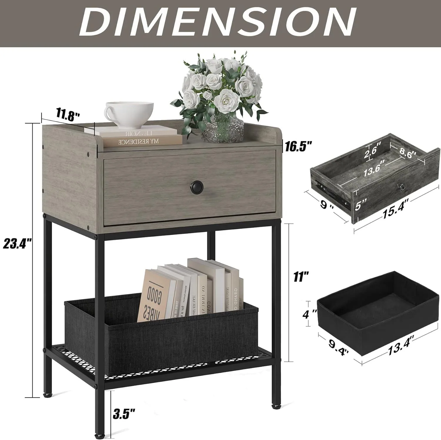 Modern 2-Tier Side Table with Drawer Bedside Table Night Stand Storage Shelf with Metal Frame for Bedroom, Living Room