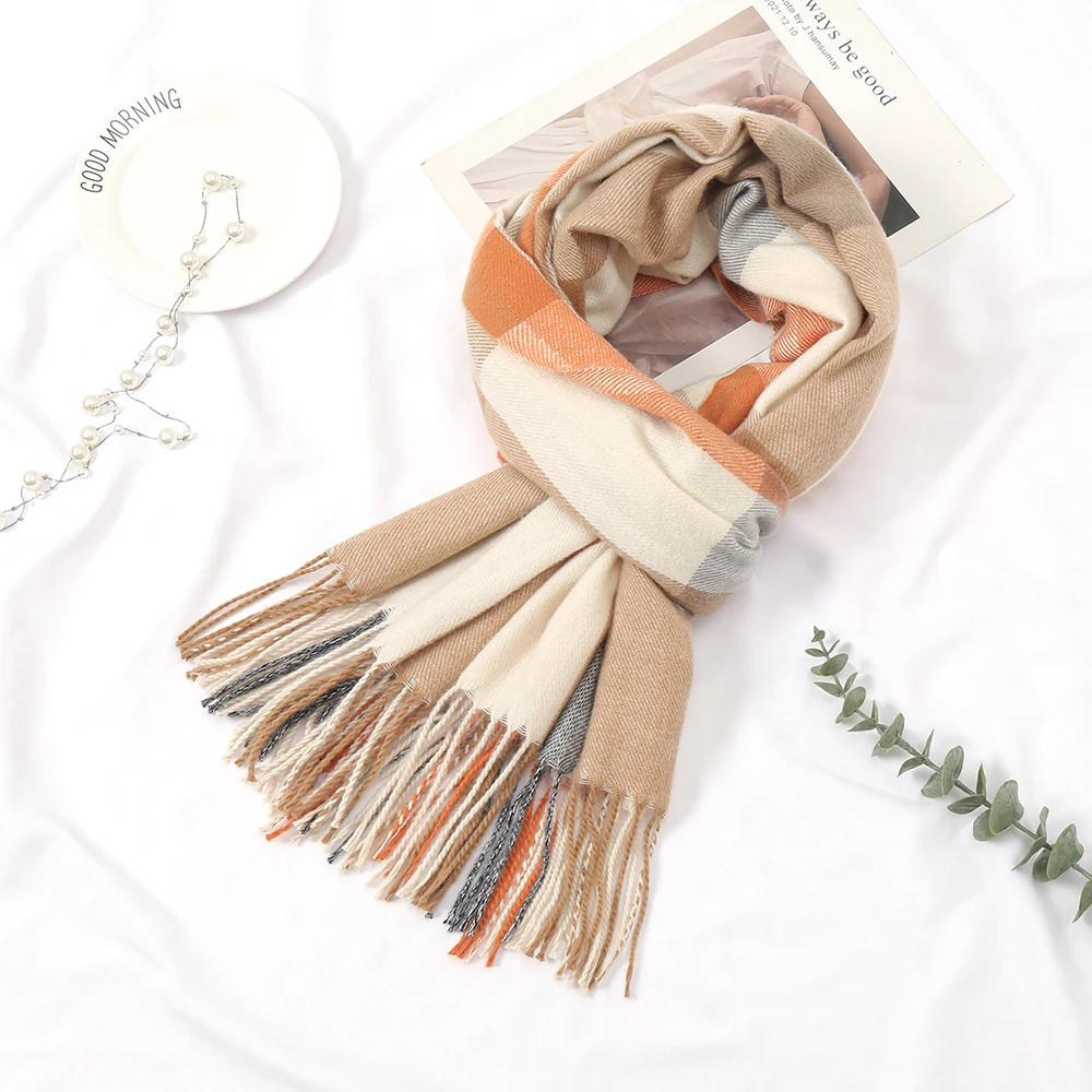 Зима 2022, модная шаль из пашмины с кисточками, женские шерстяные шарфы, плотный кашемировый шарф с принтом в клетку