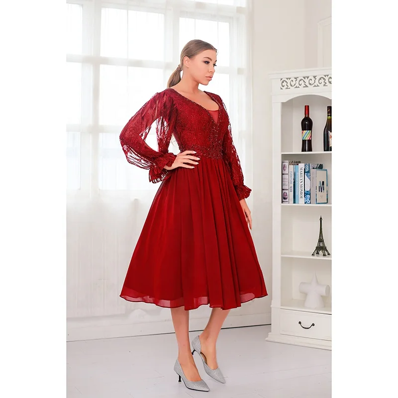  Plus Size Fashion Elegant Ball gown Short Mini Dresses Women Pure Red Lace Knee Length Party Evening With Long Sleeves