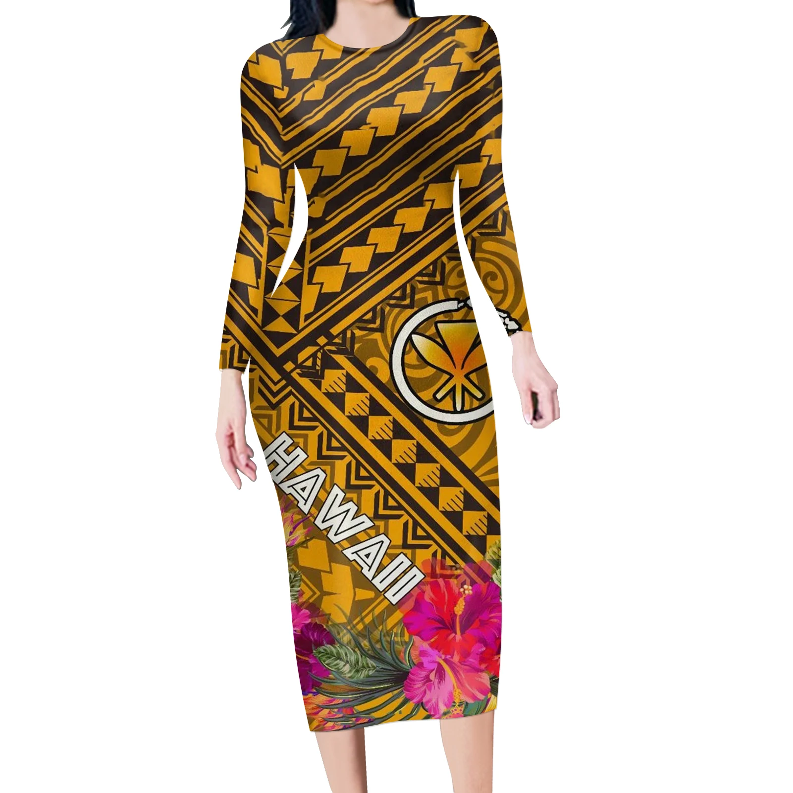 
Polynesian Clothing Print Hawaii Kanaka Maoli With Hibiscus On Polynesian Patterns Women Gloden/Red/Green Maxi Sexy Slim Dresses 