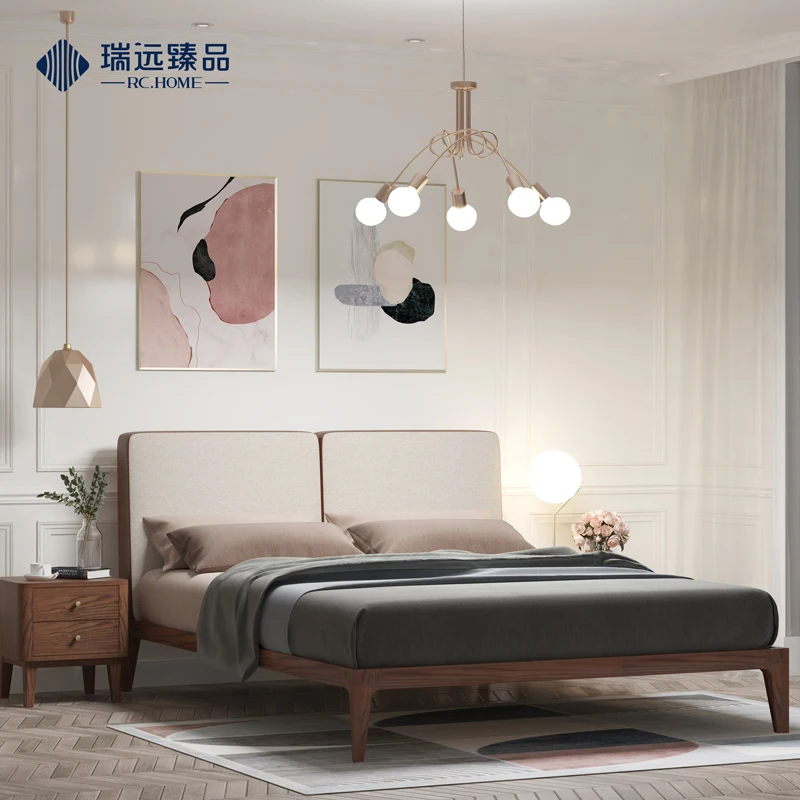 Light Luxury Solid Wood fabric Upholstered Bed Modern Minimalist Wooden Bedroom Furniture 1.5m noridc design Beds
