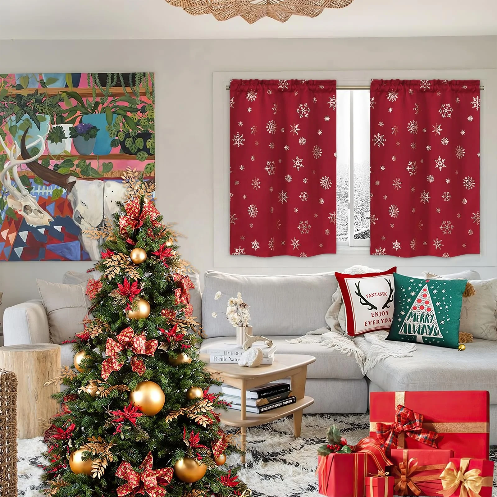 Bindi 2 Panels Gold Snowflake Foil Print Rod Pocket Red Christmas Tier Kitchen Curtains