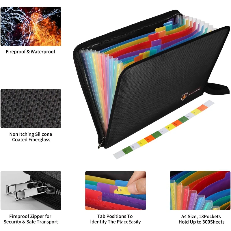 A4 Size Fireproof Expanding File Folder with 12 Multicolored Pockets Non-Itchy Silicone Coated Document Organizer Color Labels