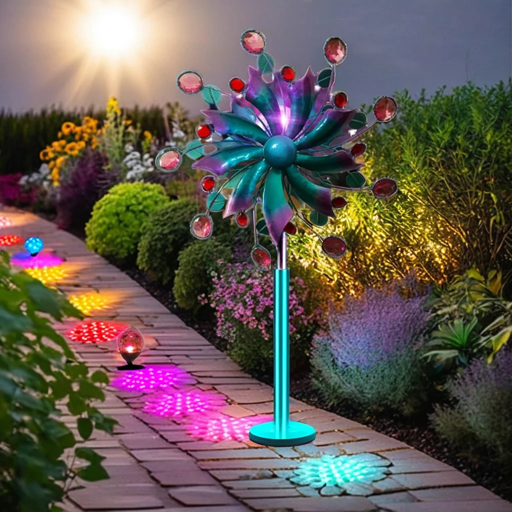 Jewel Tone Multi-Color LED Lighting Glass Ball Solar Powered Kinetic Wind Spinner Garden Decorative Solar Garden Lights