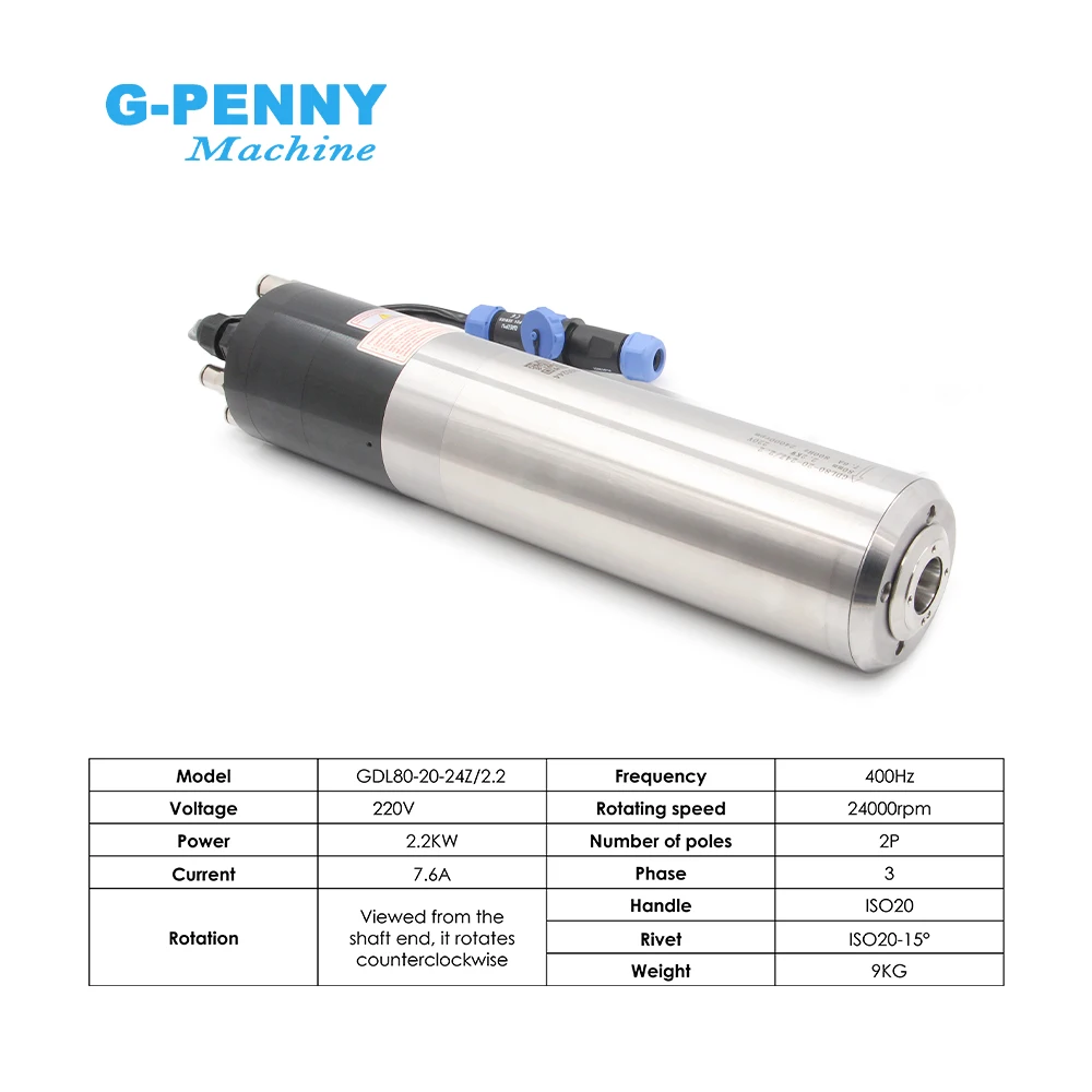 2.2kw Water Cooled Spindle ATC Spindle Motor 220v Rotating spdeed 24000rpm 2Pole 400Hz IS020-15