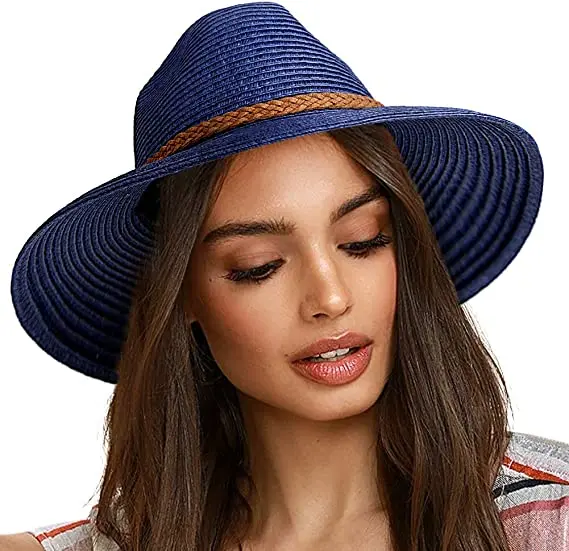 Women Summer Wide Brim UV UPF 50+ Fedora Foldable Packable Straw Beach Ivory Sun Hats