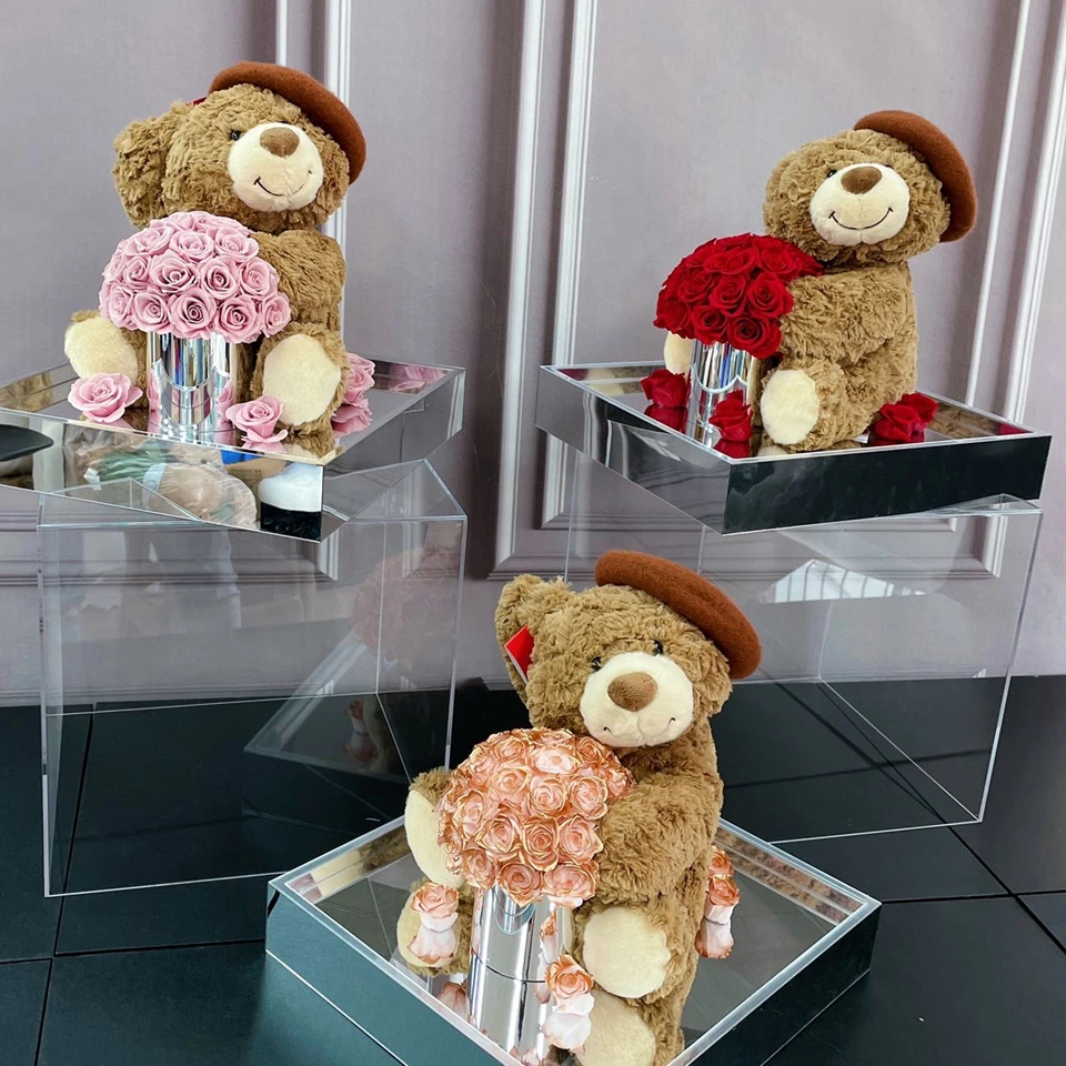 Valentines day gift Box Everlasting Eternal Immortal Long Lasting Rose preserved flower bouquet with bear in flower box
