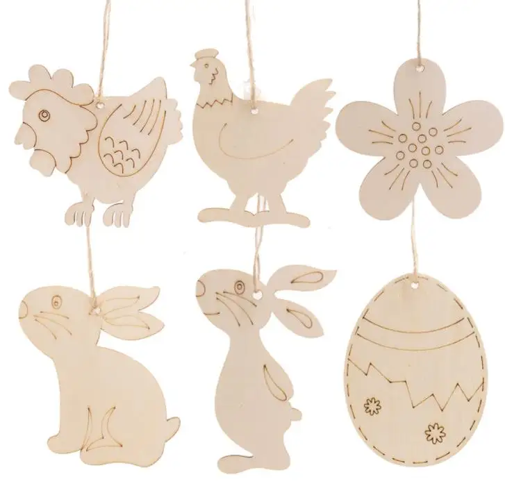 
Easter Wood Ornaments Bunny Chicken Egg Flower Shapes with Drawing Pen for DIY Easter Party Decorations 