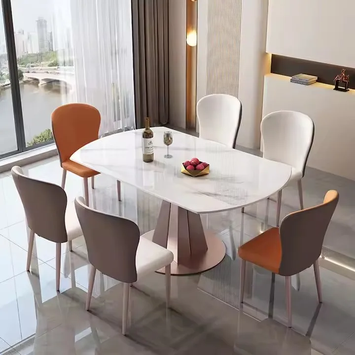 Light luxury Table Pink Marble Dining Table Set 6 Chairs Gold Metal Steel Stainless Simple Modern Furniture Round Table