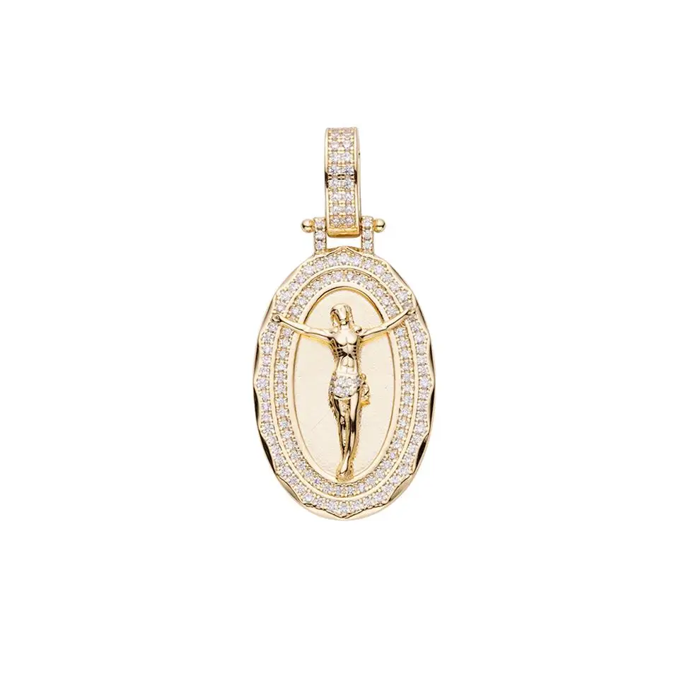 2024 High Quality Hip Hop Jewelry Pure Silver Iced Out Bling Clear Zircon 14 K Gold Plated Jesus Oval Medallion Pendant