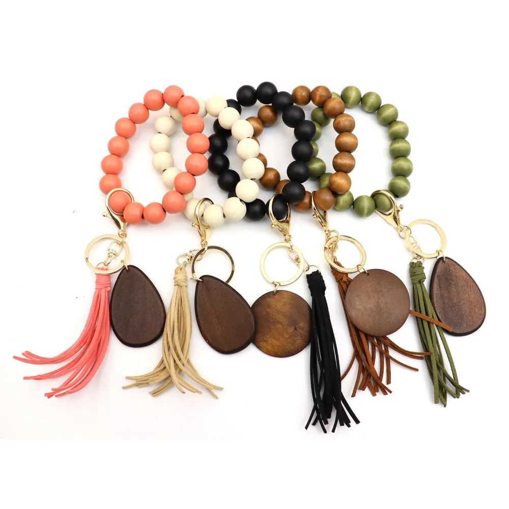  2021 Personalized Cheap Wood Elastic Beaded Bracelet Tassel Key rings