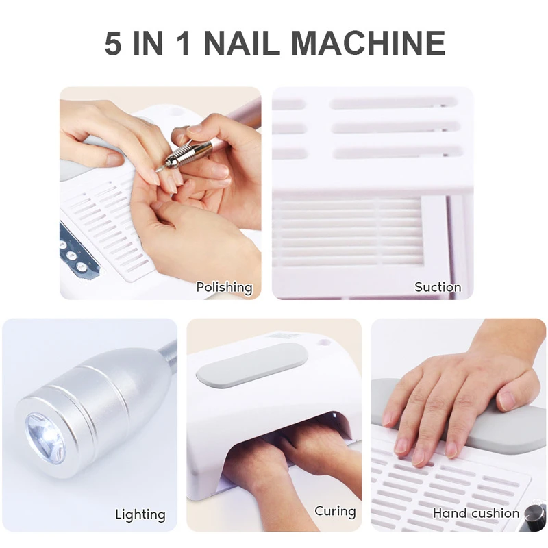 96w Electric 5 in 1 Nail Vacuum Dust Collector Nail Salon Machine Art Lamp Manicure Drill Handpiece