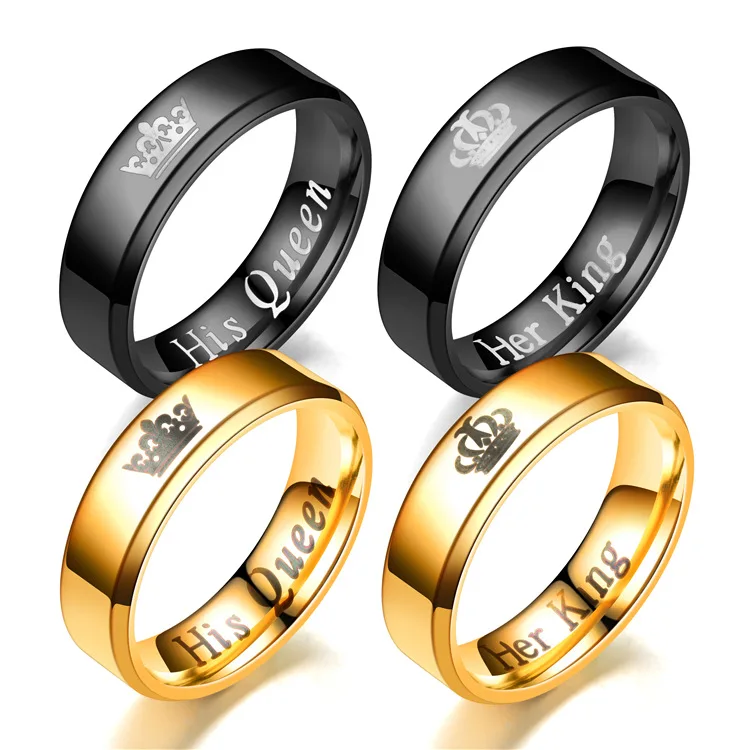 Wholesale Romantic Engraved King and Queen Rings for Couple 18K Gold Plated Stainless Steel Crown Plain Finger Rings