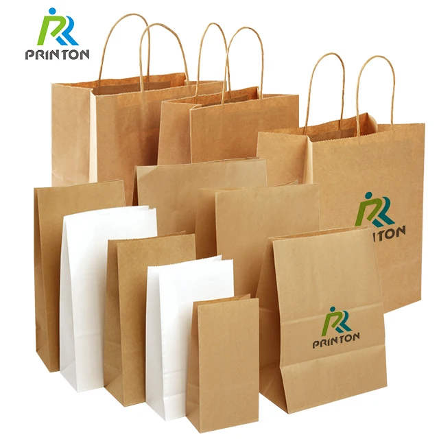 Disposable kraft paper bag custom printed logo white food carrier packing brown paper bags