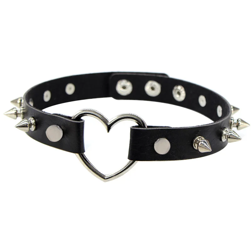 Women Men Cool Punk Choker Gothic Goth Spike Heart Shape Biker Choker PU Leather Collar Studded Rock Necklace
