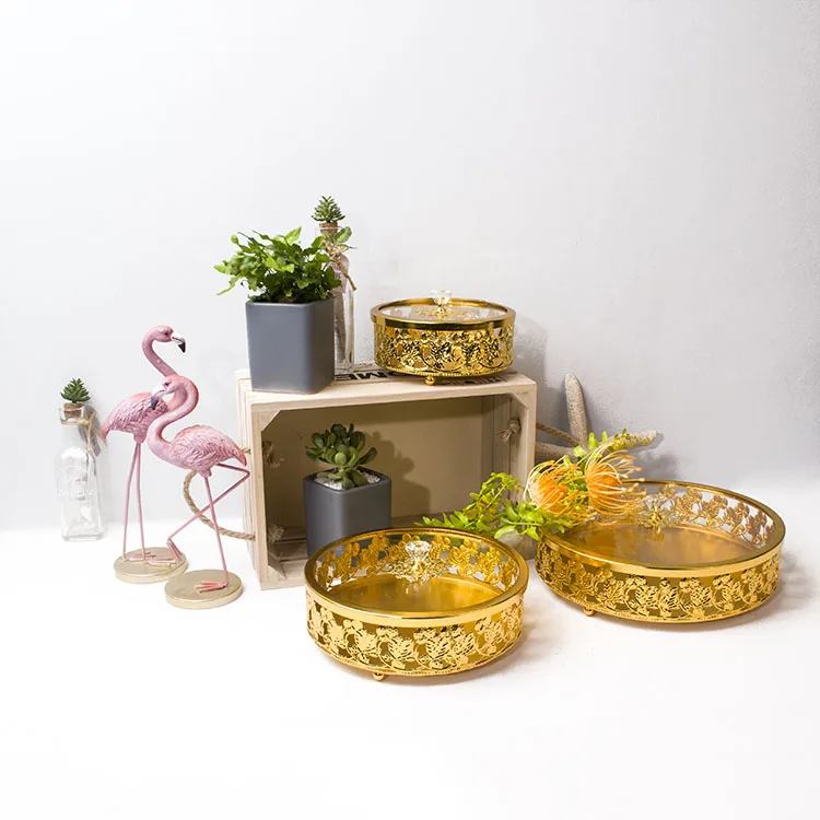 Metal Crafts Gold Metal hollow Round Cosmetic jewels earring storage Dish Box