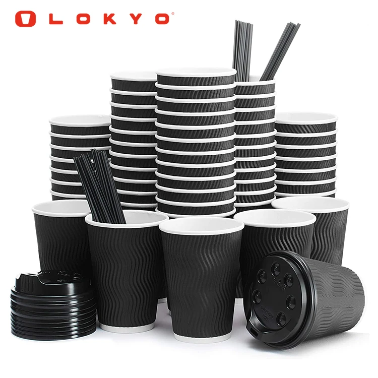 LOKYO Biodegradable custom 8oz takeaway hot drink ripple double wall paper cups disposable black coffee cups