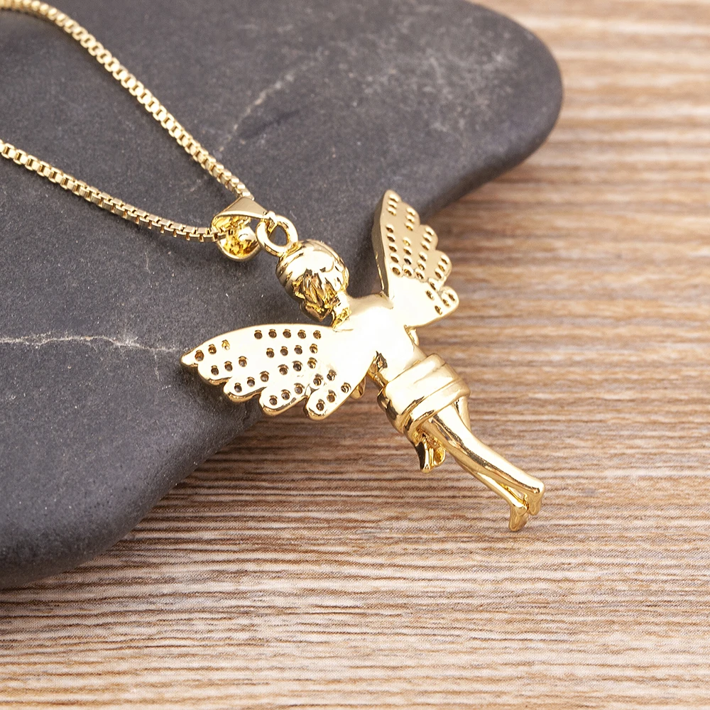 QIKU Romantic Angel Shape Gold Color Pendant Women Necklace Copper Zircon Religious Pray Jewelry Accessories Anniversary Gift