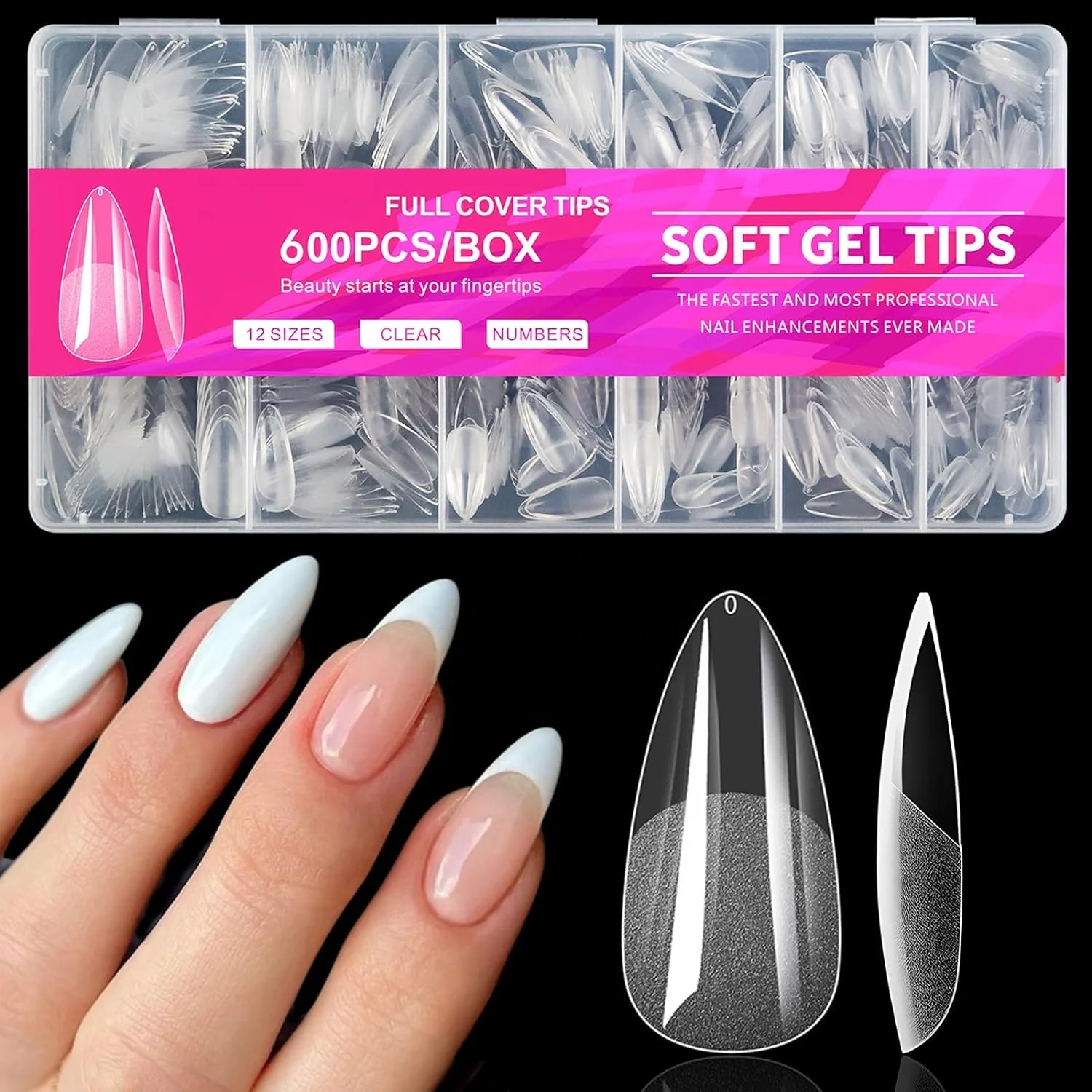 600pcs Almond Nail Tips, Medium Almond Gel X Nail Tips